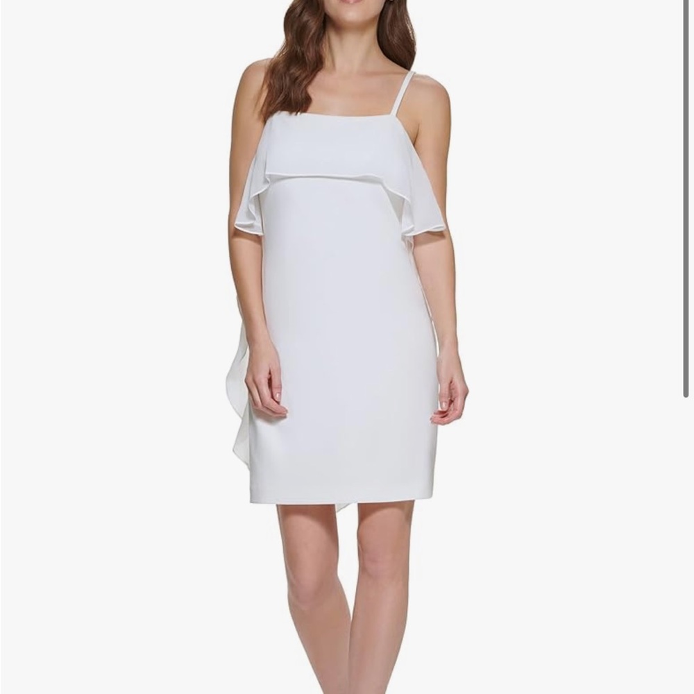 DKNY White Ruffle Overlay Shift Dress NWT Size 12